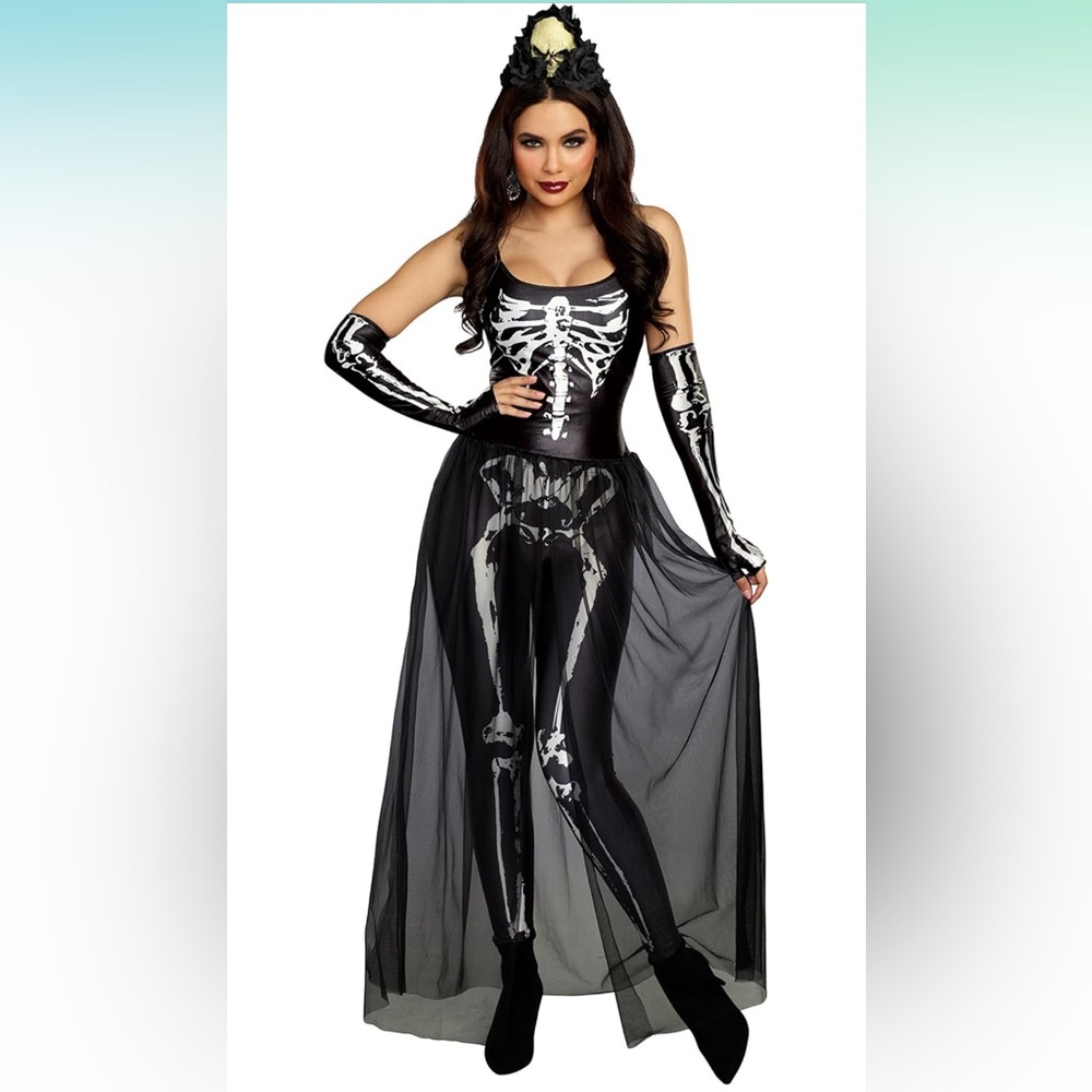 Dreamgirl Black and White Skeleton Costume Dress with Sheer Skirt